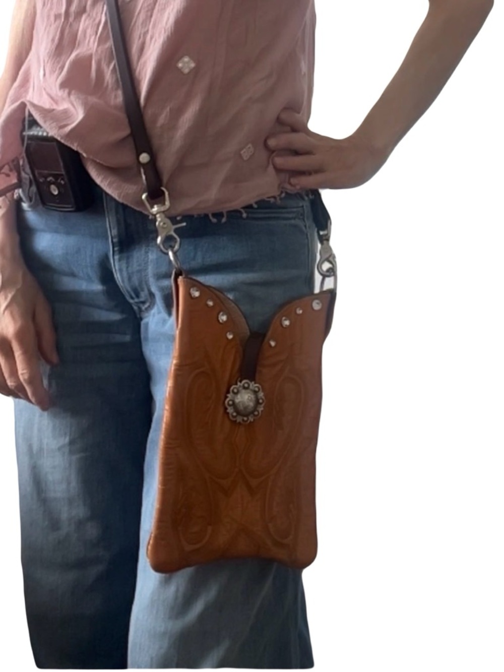 No coma Boots Raw Leather Crossbody Bag Long Strap EUC